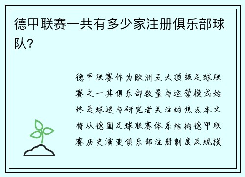 德甲联赛一共有多少家注册俱乐部球队？