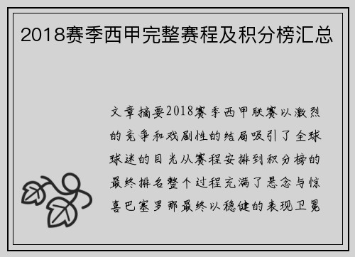 2018赛季西甲完整赛程及积分榜汇总