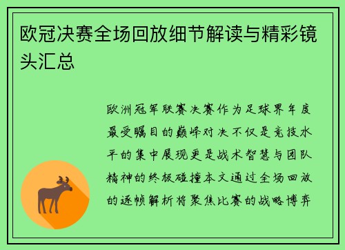 欧冠决赛全场回放细节解读与精彩镜头汇总